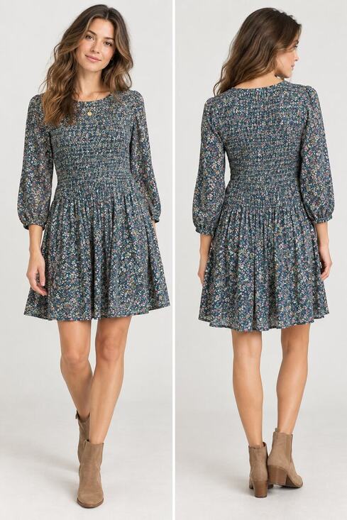 Apiece Apart Dresses & Skirts - Apiece Apart Olivias Smocked Babydoll Mini Dress Navy Pink Ditsy Floral Size 12